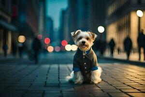 ein klein Hund tragen ein Jacke sitzt auf das Bürgersteig. KI-generiert foto