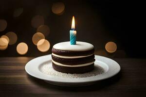 ein Geburtstag Kuchen mit ein Single Kerze auf Es. KI-generiert foto