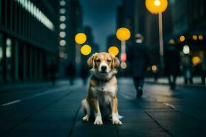 ein Hund Sitzung auf das Straße beim Nacht. KI-generiert foto