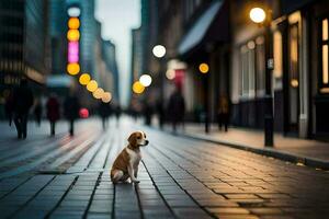 ein Hund Sitzung auf das Straße im ein Stadt. KI-generiert foto