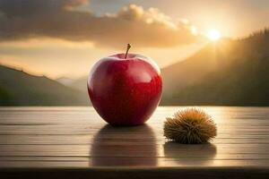ein Apfel und ein Granatapfel auf ein Tabelle mit Berge im das Hintergrund. KI-generiert foto