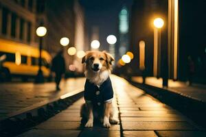 ein Hund tragen ein Jacke sitzt auf das Straße beim Nacht. KI-generiert foto