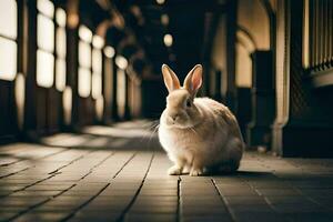 ein Hase Sitzung auf das Fußboden im ein leeren Flur. KI-generiert foto