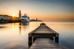 ein Seebrücke mit ein Boot angedockt im das Wasser beim Sonnenuntergang. KI-generiert foto