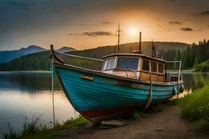 ein Boot sitzt auf das Ufer von ein See beim Sonnenuntergang. KI-generiert foto