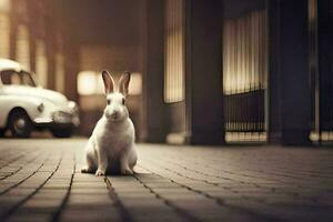 ein Hase Sitzung auf ein Backstein Fußboden im Vorderseite von ein Wagen. KI-generiert foto