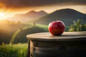 Apfel auf ein hölzern Tabelle im das Sonnenuntergang. KI-generiert foto