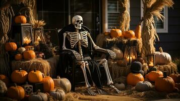 dekoriert Halloween Veranda mit Kürbisse, Heu Kautionen und unheimlich Skelett - - generativ ai. foto