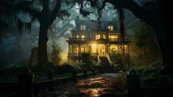 Halloween verfolgt Villa schwach zündete unter das nebelig Bäume - - generativ ai. foto