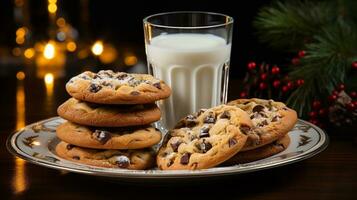 Schokolade Chip Kekse und Milch auf ein klein Teller warten zum Santa Klausel Ein Dunst das Dekorationen auf Weihnachten Vorabend. generativ ai foto