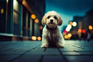 ein klein Hund Sitzung auf das Bürgersteig beim Nacht. KI-generiert foto