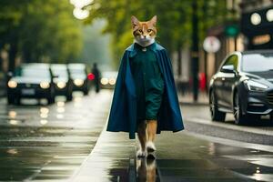 ein Katze gekleidet im ein Blau Mantel und Grün Kleid Gehen Nieder ein Straße. KI-generiert foto