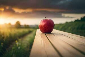 ein Apfel sitzt auf ein hölzern Bank im das Sonnenuntergang. KI-generiert foto