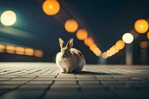 ein Hase ist Stehen auf ein Straße beim Nacht. KI-generiert foto