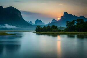 das Sonne steigt an Über das Berge im China. KI-generiert foto