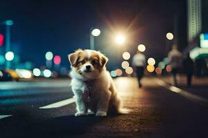 ein Hund Sitzung auf das Straße beim Nacht. KI-generiert foto