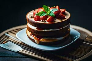 ein Stapel von drei geschichtet Kuchen mit Erdbeeren auf oben. KI-generiert foto