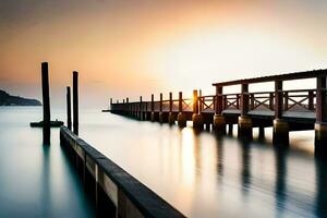 ein lange Exposition Foto von ein Seebrücke beim Sonnenuntergang. KI-generiert