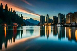 das Stadt Horizont ist reflektiert im das Wasser beim Sonnenuntergang. KI-generiert foto