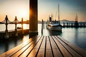 ein hölzern Dock mit ein Boot angedockt beim das Wasser. KI-generiert foto