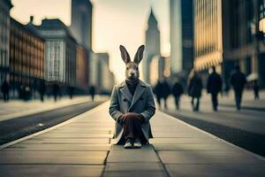 ein Hase tragen ein Mantel sitzt auf das Boden im Vorderseite von ein Stadt. KI-generiert foto
