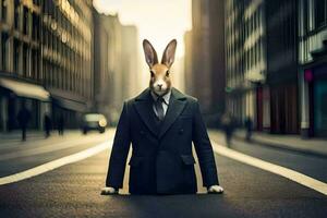 ein Hase tragen ein passen und Krawatte auf das Straße. KI-generiert foto