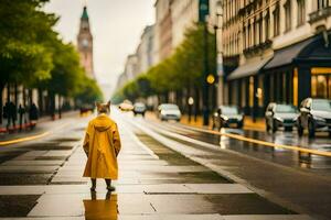 ein Person im ein Gelb Regenjacke Gehen Nieder ein Straße. KI-generiert foto