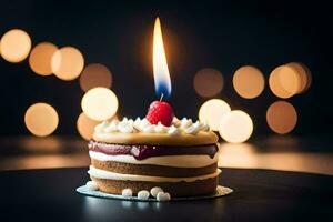 ein klein Geburtstag Kuchen mit ein Kerze. KI-generiert foto