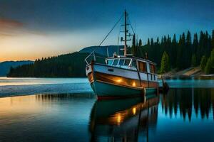 ein Boot angedockt beim das Ufer von ein See beim Sonnenuntergang. KI-generiert foto