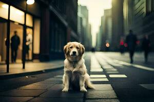 ein Hund Sitzung auf das Straße im ein Stadt. KI-generiert foto