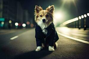 ein Hund tragen ein Jacke Sitzung auf das Straße beim Nacht. KI-generiert foto