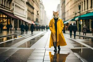 ein Fuchs im ein Gelb Mantel Gehen Nieder ein Stadt Straße. KI-generiert foto