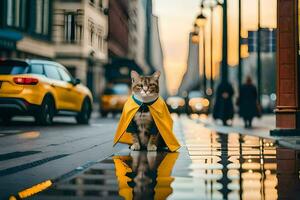 ein Katze im ein Gelb Regenjacke Stehen auf ein Stadt Straße. KI-generiert foto
