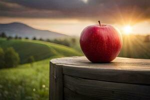 ein Apfel sitzt auf oben von ein hölzern Tabelle im Vorderseite von ein Sonnenuntergang. KI-generiert foto