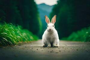 Weiß Hase Sitzung auf das Straße im das Mitte von ein Wald. KI-generiert foto