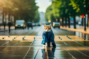 ein Katze im ein Blau Mantel Stehen auf ein Straße. KI-generiert foto