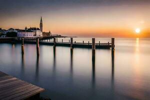 ein lange Exposition fotografieren von ein Seebrücke beim Sonnenuntergang. KI-generiert foto