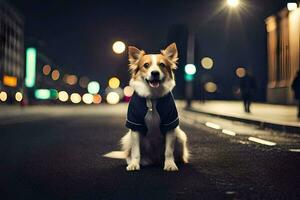 ein Hund tragen ein Jacke Sitzung auf das Straße beim Nacht. KI-generiert foto