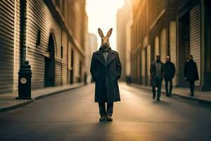 ein Hase tragen ein Mantel und Hut im das Mitte von ein Stadt Straße. KI-generiert foto