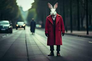 ein Hase tragen ein rot Mantel und Krawatte Stehen auf das Straße. KI-generiert foto