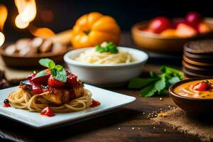 ein Teller von Spaghetti mit Tomate Soße und Gemüse. KI-generiert foto