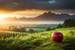 ein Apfel im ein Feld mit Berge im das Hintergrund. KI-generiert foto