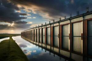 ein Reihe von industriell Gebäude mit ein Himmel im das Hintergrund. KI-generiert foto