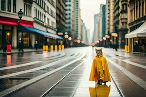 ein Fuchs im ein Gelb Regenjacke Stehen auf ein Stadt Straße. KI-generiert foto