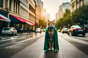 ein Katze tragen ein Kap Spaziergänge Nieder ein Stadt Straße. KI-generiert foto