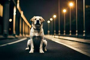 ein Hund Sitzung auf das Straße beim Nacht. KI-generiert foto