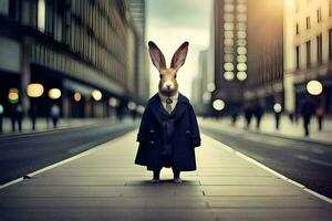 ein Hase gekleidet im ein passen und Krawatte Stehen auf ein Straße. KI-generiert foto