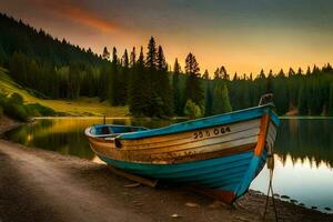 ein Boot sitzt auf das Ufer von ein See beim Sonnenuntergang. KI-generiert foto