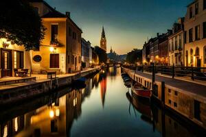 ein Kanal im das Mitte von ein Stadt beim Nacht. KI-generiert foto