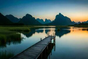 das Sonne setzt Über ein See und Berge im China. KI-generiert foto